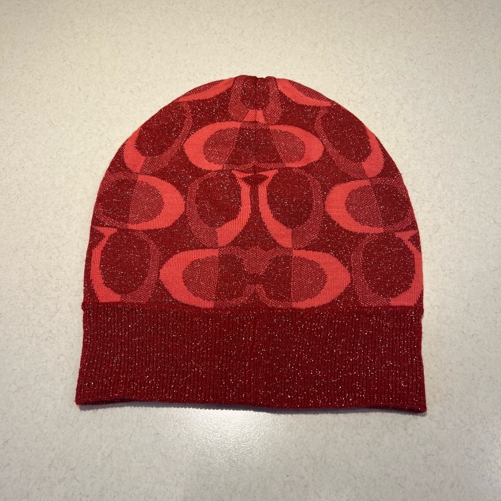 Coach Tonal Dream Red Logo Wool Glitter Beanie Hat